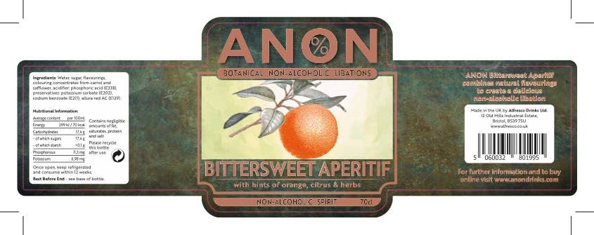 ANON Bittersweet Aperitif | Non-Alcoholic Aperitivo 70cl