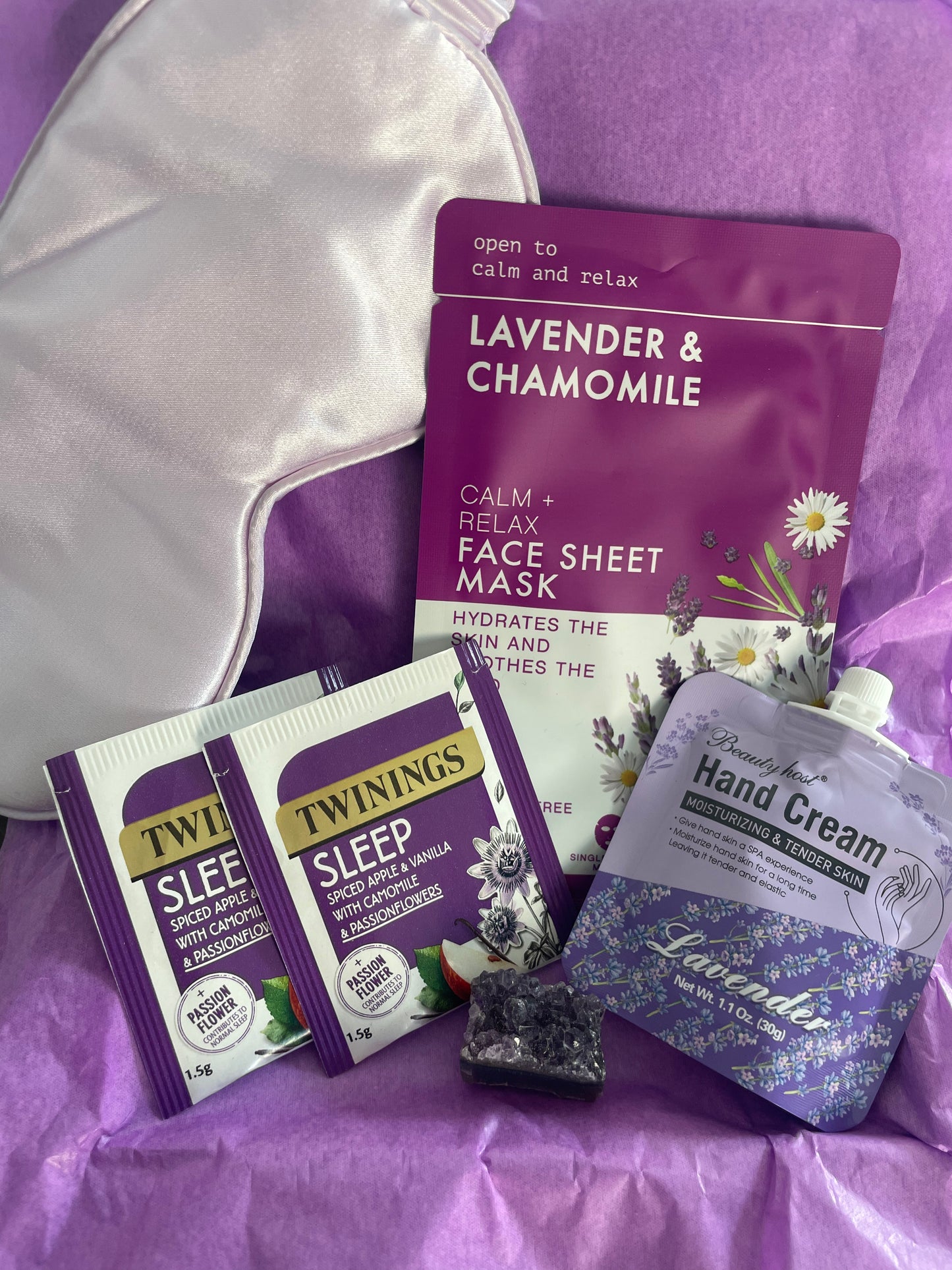 Sleepy Head Gift Letterbox - Lavender Cream, Mask, Eye-mask, Tea and Amethyst Crystal