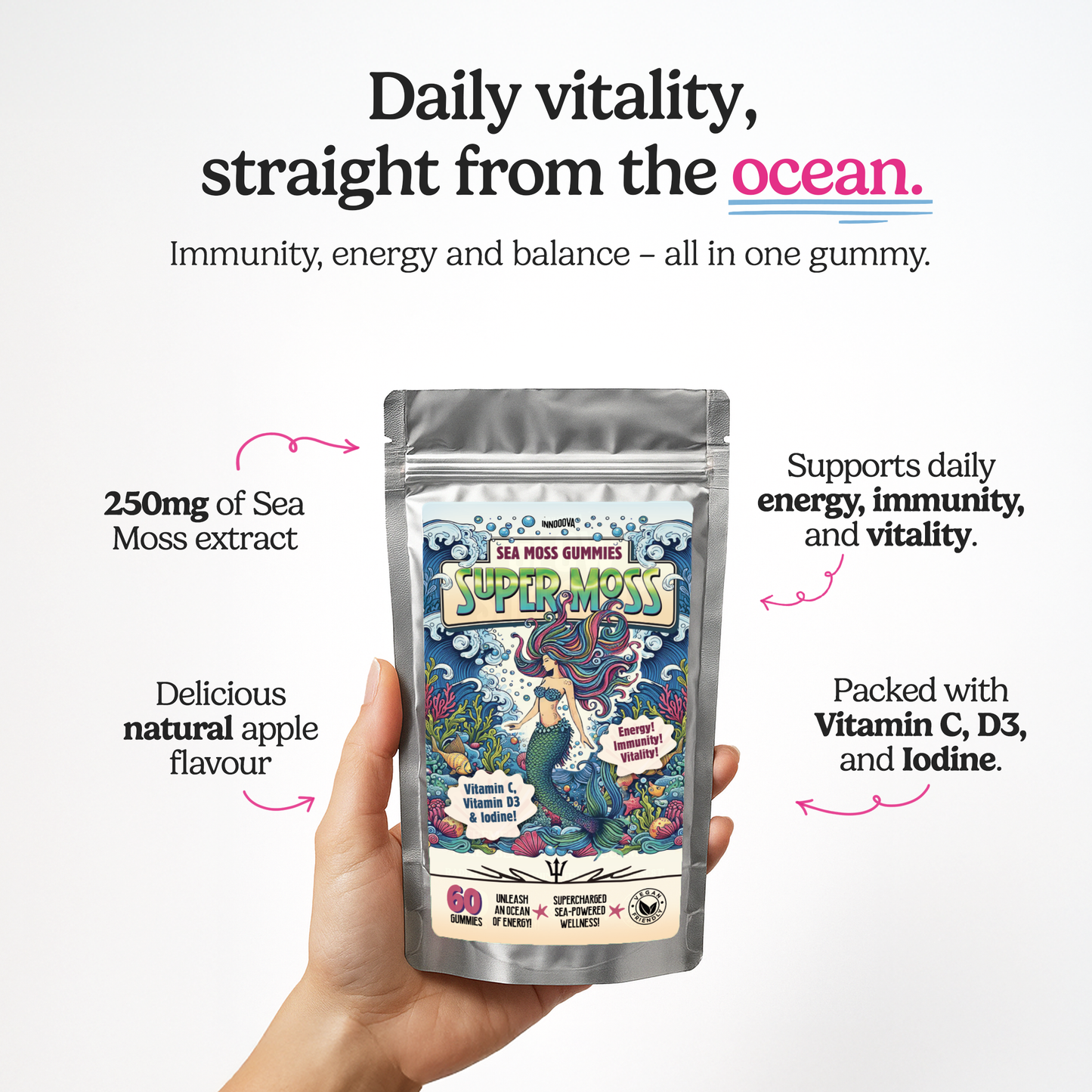 SuperMoss Sea Moss Gummies | Apple Flavour | 60 Gummies | Sea-Powered Energy, Immunity & Vitality